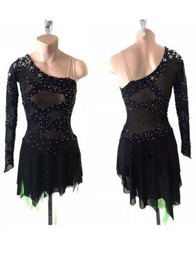 Custom Figure Skating Competition Dress – Black Nude Bright Green Asymmetrical